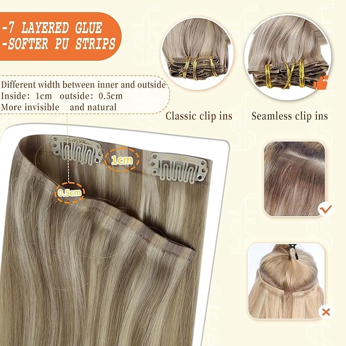 Full Shine Clip in Hair Extensions Real Human Hair Highlights Blonde 22 Inch Remy Human Hair Clip in Extensions Golden Blonde Mix Light Blonde Invisible Real Hair for Women 8 PCS 120 G