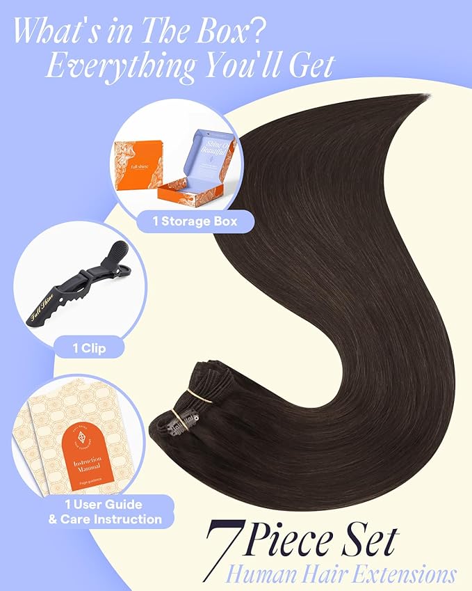Full Shine Brown Hair Extensions Clip ins 180 G 28 Inch Dark Brown Clip in Hair Extensions Real Human Hair for Length for Prom 7 Pcs