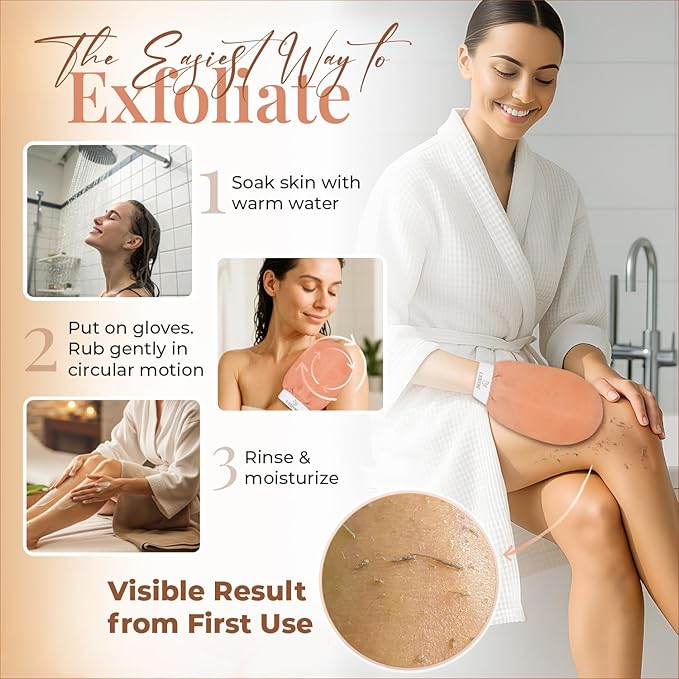 L'Exfose Kessa Hammam Deep Exfoliating Glove 2pc - Korean Exfoliating Mitt for Shower Ideal for Dead Skin Remover, Keratosis Pilaris & Self-Tanning to Improve Skin Tone Made with 100% Natural Viscose