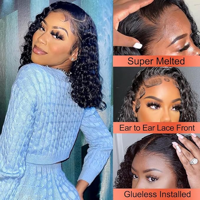 16 Inch HD Curly Lace Front Wig Human Hair Pre Plucked for Black Women Glueless 13x4 Kinky Curly Bob Lace Frontal Wigs Human Hair 150% Density Wet and Wavy Natural Color