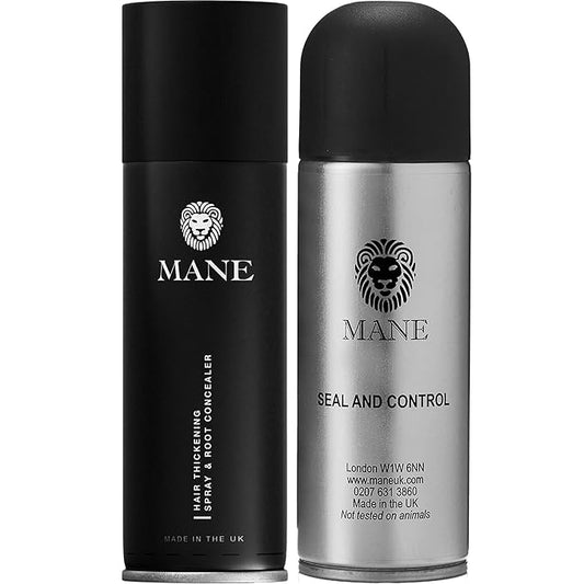 Mane Hair Thickening Spray & Root Touch Up, Seal & Control Combo Pack, Instantly Thicker Hair for Men & Women, Fill in Hairlines and Hide Thinning and Fine Patches - Jet Black, 12 Colors (6.76 oz)