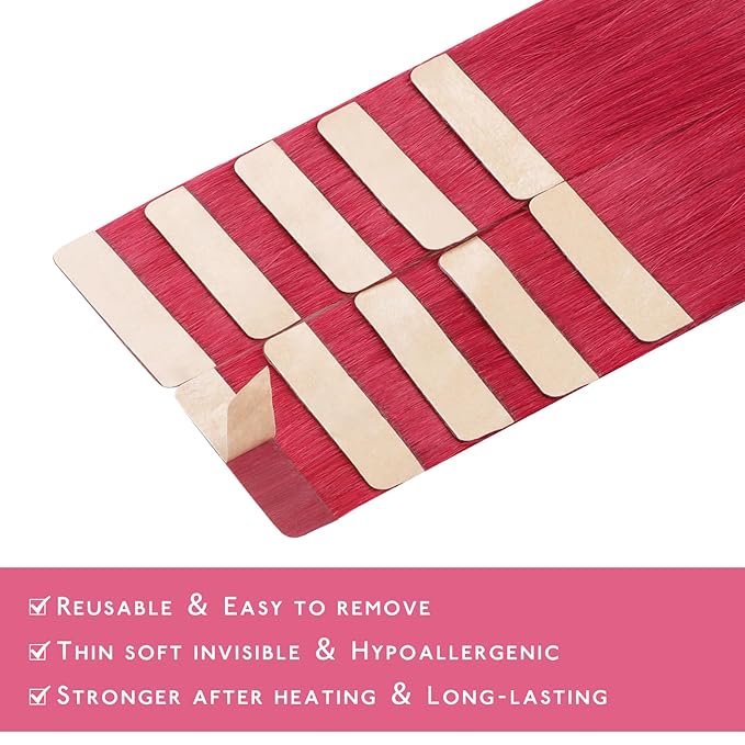 WENNALIFE Tape in Hair Extensions Human Hair Red Tape in Extensions, 10pcs 30g 22 inch Remy Invisible Tape Ins Straight Colored Soft Real Human Hair Tape in Extensions Refill Set Extensions