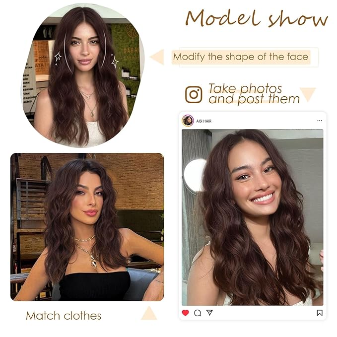 AISI HAIR Brunette Wig for Women Medium Length Wave Curly Glueless Synthetic Heat Resistant Hair Wigs for Daily Party Cosplay