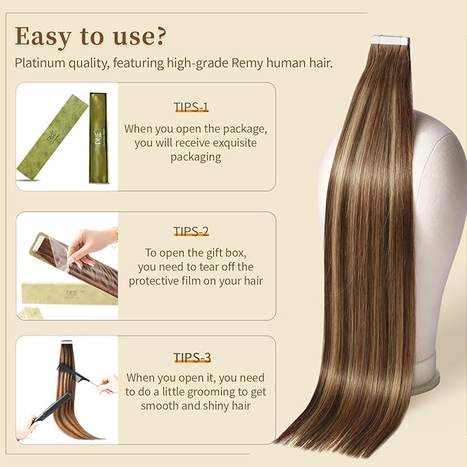 DNE Tape in Hair Extensions Real Human Hair 20 inches 20Pcs/50g/Pack Seamless Dark Brown to Chestnut Brown#T4-P4/27 Straight Invisible Double Sided Tape in Hair Extensions for Women/Girls
