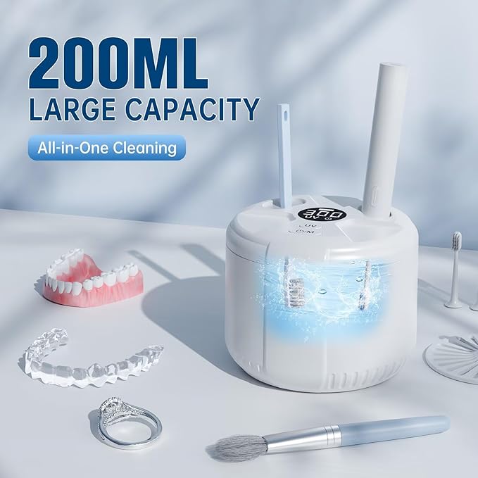 45kHz Ultrasonic Retainer Cleaner, Dental Cleaning Pod for Mouth Guard, Invisalign, Aligner, Night Guard, Braces, Toothbrush, Jewelry, Powerful Denture Cleaner Machine with Digital Timer (White)