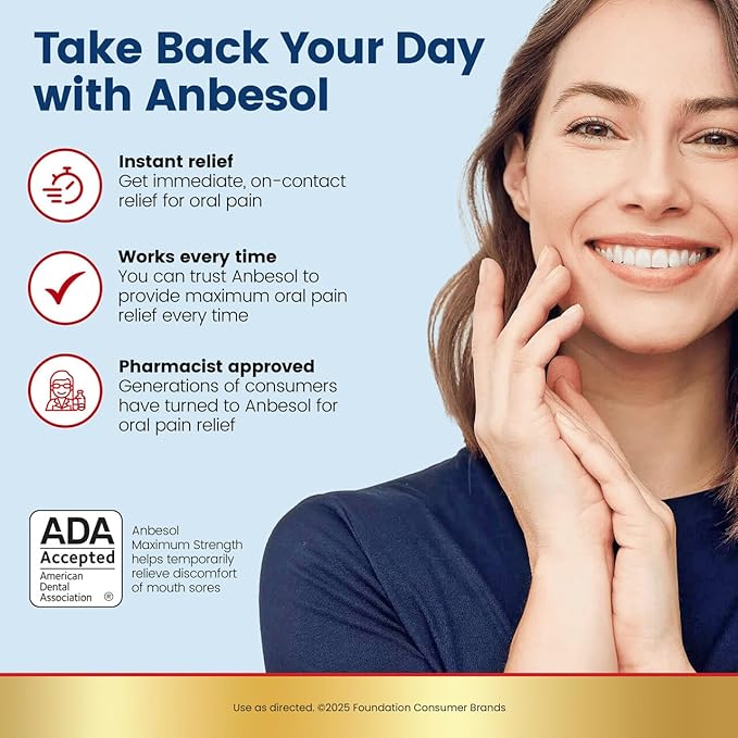 Anbesol Maximum Strength Liquid, Instant Oral Pain Relief for Toothaches, Mouth Sores*, Gum, Braces & Denture Pain, ADA Accepted, 0.41 oz