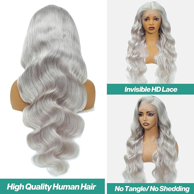 13x6 Grey Lace Front Wigs Human Hair Body Wave Pre Plucked with Baby Hair 200 Density Glueless Brazilian Virgin Grey Lace Frontal Wigs for Women 24 Inch
