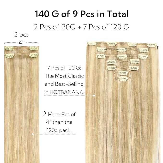 HOTBANANA Clip in Hair Extensions Real Human Hair, 135g 9pcs 16 inch Dirty Blonde Mixed Bleach Blonde Straight Remy Clip in Extensions Full Head for Women