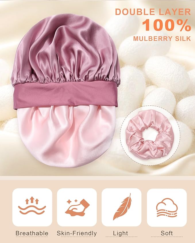 Mulberry Silk Bonnet Sleeping Women Curly Hair Bonnets Tie Band Double Layer Reversible Sleep Bonnet Silk Hair Wrap Sleep Cap