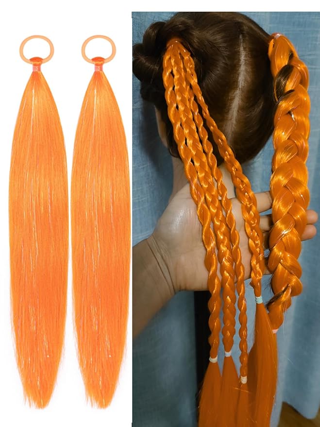 Orange Hair Extensions for Braids Ponytail Extension 2 Packs, 20 inch Crazy Hair Day Accessories for Women, DIY Festival Wacky Rave Braids,Tinsel Mixed