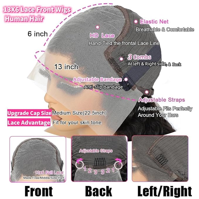 Dianthe Deep Wave Lace Front Wigs Human Hair 180% Density 13x6 HD Transparent Glueless Pre Plucked Deep Curly Wig Wet and Wavy Human Wigs for Women with Baby Hair (Deep Black, 30-Inch)