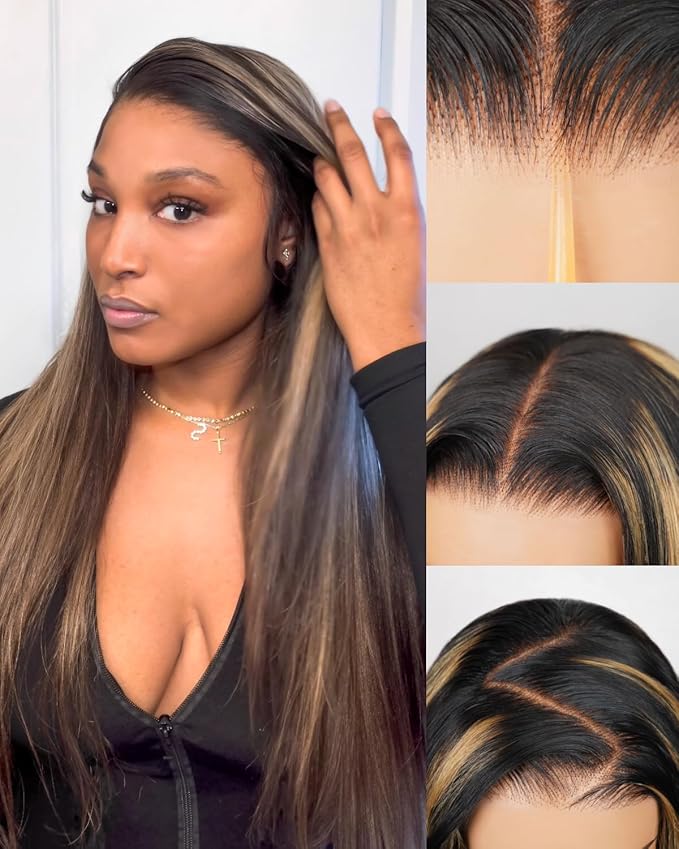 Balayage Wig Human Hair Glueless Straight Wig Human Hair 6x5 Lace Front Wig 220% Density Highlight Straight Closure Wig FB27# Bleached Tiny Knots 26 Inch