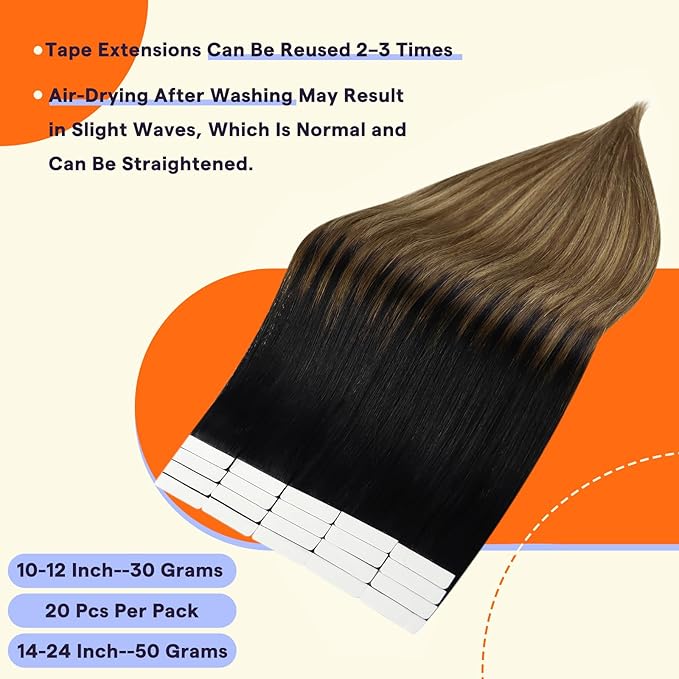 Full Shine Tape in Hair Extensions Human Hair Color 1B Off Black Fading to 6 Brown and 27 Honey Blonde Balayage 12 Inch Invisible Double Sided Remy Human Hair Extensions Tape in 20PCS 30g for Women