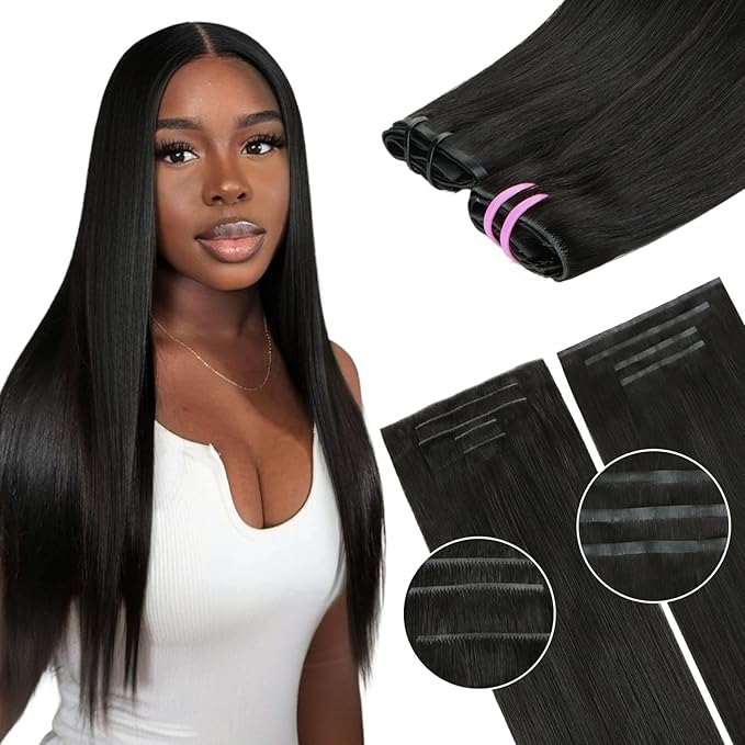 Lashey Invisi Edge & Seamless Clip in Hair Extensions Human Hair, 16 Inch 130g 9pcs(5pcs Invisi Edge& 4pcs Seamless) Real Virgin Human Hair Extensions, Natural Black Straight Hair