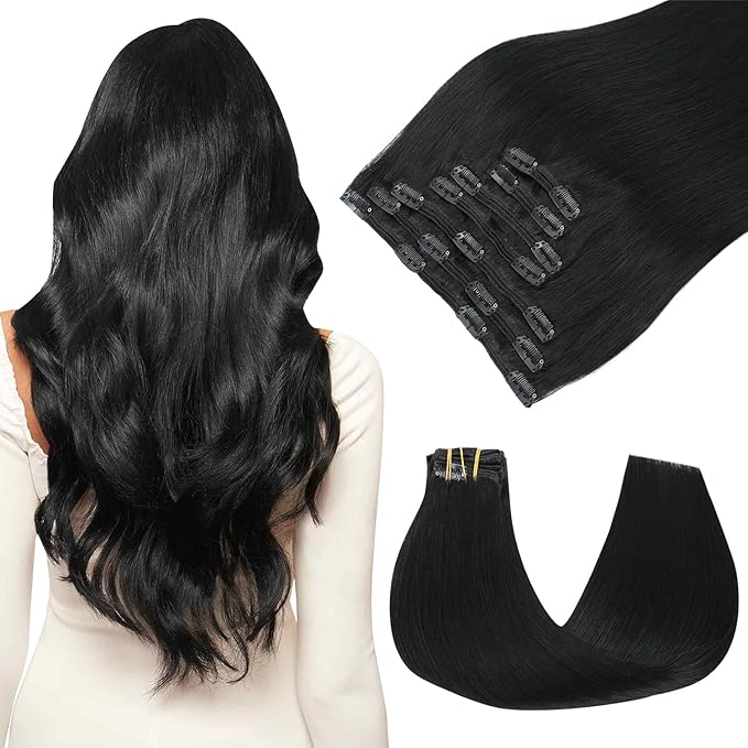 Clip in Hair Extensions Real Human Hair Extensions Remy Straight Human Hair Extensions Clip ins Jet Black Extensions for Women 20inch 160g 7pcs (#1-20inch)