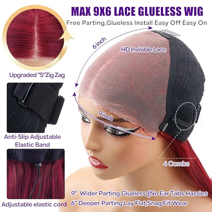 CHEETAHBEAUTY 9x6 Glueless Wigs Human Hair Pre Plucked Pre Cut 34 Inch Straight 99j Burgundy Lace Front Wigs Human Hair for Women 9x6 HD Lace Glueless Wig with Elastic Drawstring 220% Density