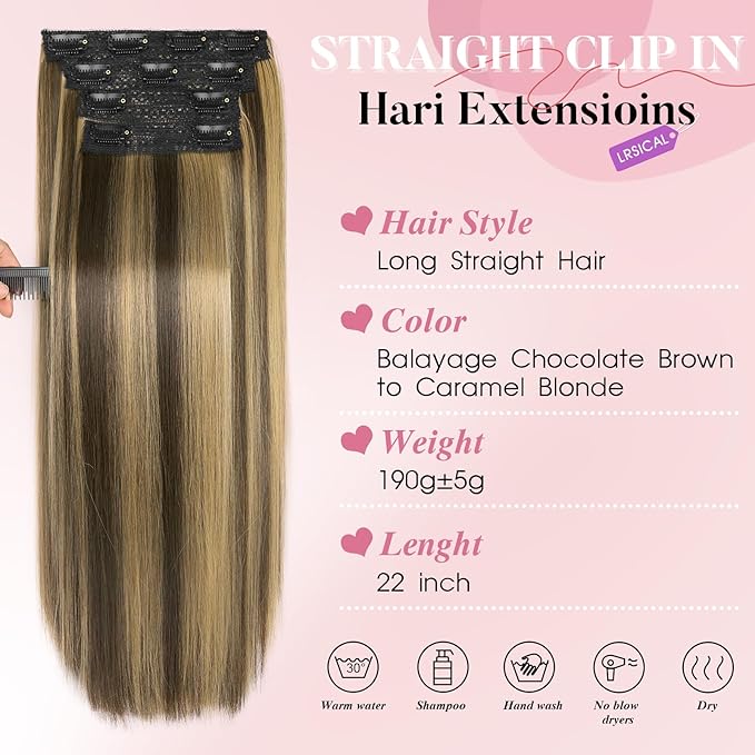 Clip in Hair Extensions Long Straight Hairpieces 22 Inch 4PCS Ultra-thin and breathable Hairpieces Fiber Double Weft Hair for women Balayage Chocolate Brown to Caramel Blonde Color