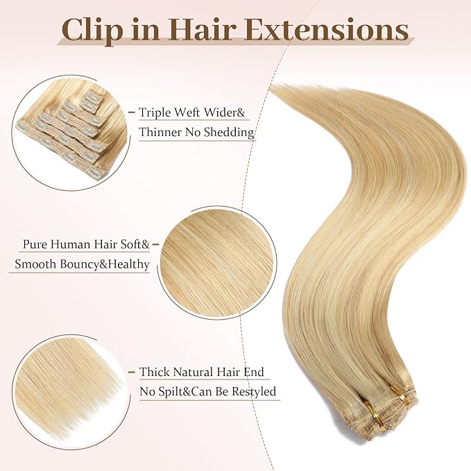 Sisily Clip in Hair Extensions Real Human Hair, 14 inch 120g, Dirty Blonde to Bleach Blonde Highlight, Remy Human Hair Clip in Extensions Soft Straight 7pcs Per Set with 16 Clips Double Weft