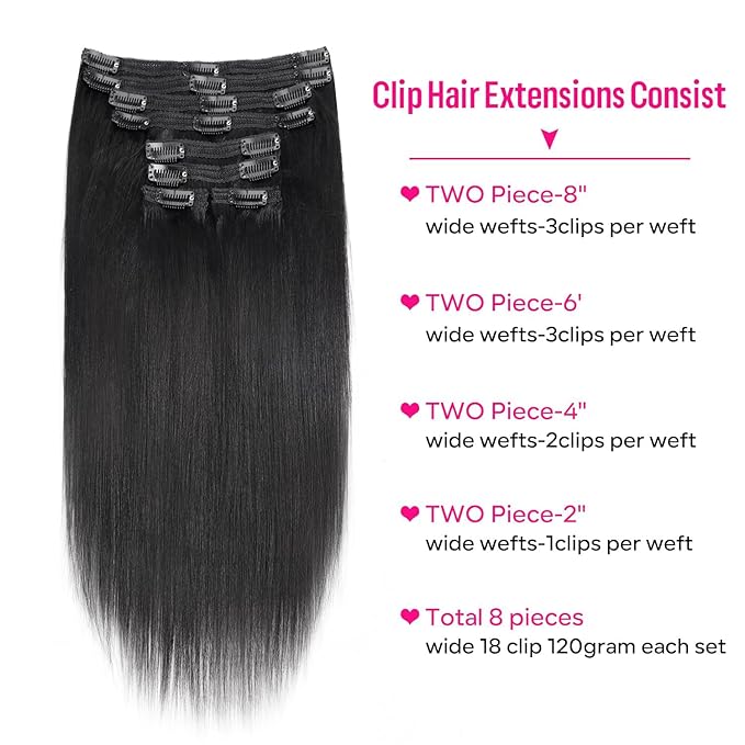 Yaki Straight Clip in Hair Extensions Real Human Hair 8Pcs Remy Human hair Clip ins for Women, Natural Soft Human Hair 120g 26inch #1B Natural Black