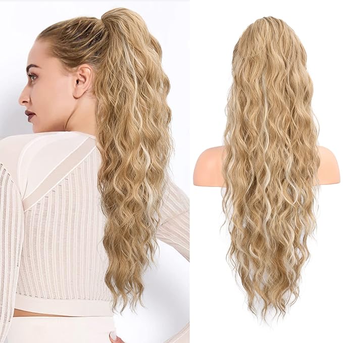 FLUFYMOOZ Ponytail Extension, 26 Inch Drawstring Ponytail Hair Extensions for Women， Long Curly Wavy Ponytail Natural Synthetic Hairpiece for Women (26 Inch Honey Blonde with Highlight)