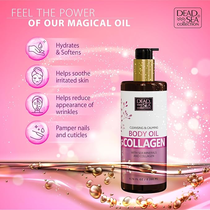 Dead Sea Collection Collagen Body Oil for Dry Skin – Moisturizing & Hydrating Skin Oil with Vitamin E and Blend of Almond, Grape, Olive, Wheat Germ Oil – Soothing & Nourishing Skin Care – 6.76 oz