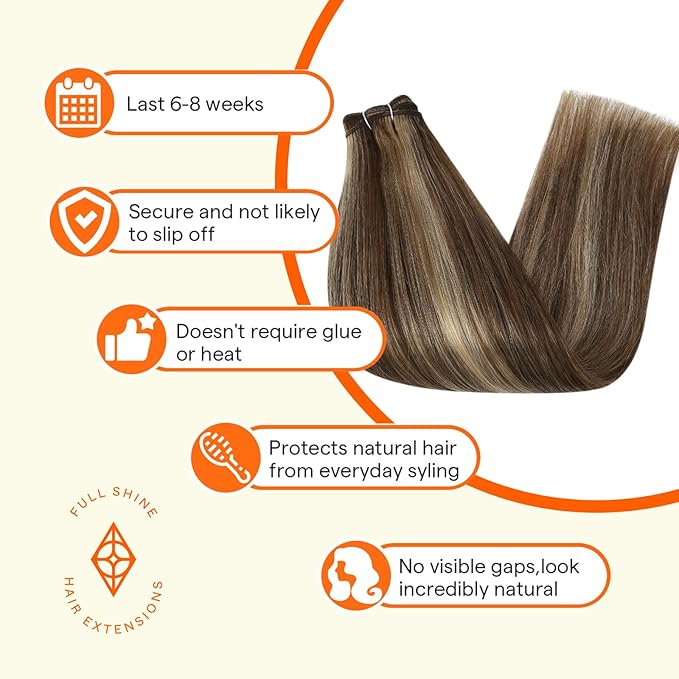 Full Shine Hair Extensions Real Human Hair 22 Inch Weft Hair Extensions Human Hair Sew In Extensions Remy Straight Hair For Women Machine Weft Extensions Color Brown Highlight Blonde 105G
