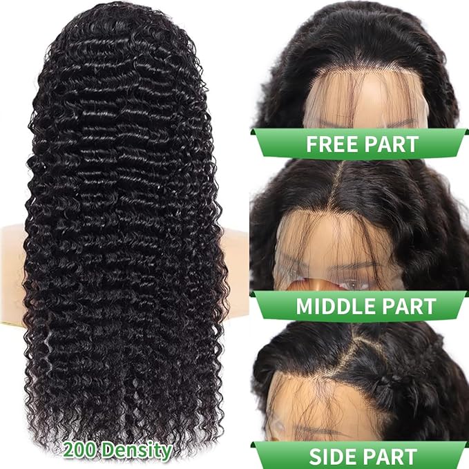 30 Inch Deep Wave Lace Front Wigs Human Hair 200 Density 13x6 HD Lace Front Wigs Human Hair Pre Plucked Brazilian Curly Wig Wet Wavy Glueless Frontal Wigs for Women Natural Black Deep Wave Wig