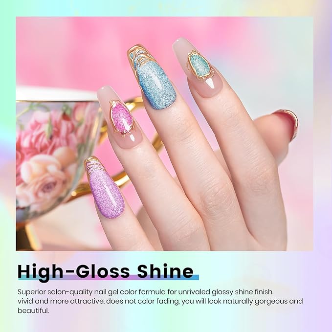 RARJSM Neon Diamond Cat Eye Gel Nail Polish Set 6 Colors Velvet Silver Glitter Bright Green Lake Blue Red Rose Purple Gel Polish with Magnet Stick UV LED Curing Requires Soak Off Home Salon Diy