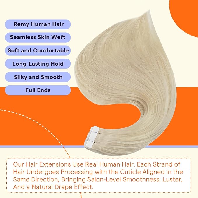 Full Shine Tape in Hair Extensions 20 Inch Natural Double Sided Tape Ins Human Hair Extensions Color 60 Platinum Blonde Seamless Remy Extensions for Women Real Hair 50grams 20PCS Add Length