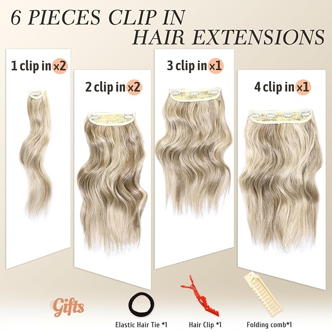 NAYOO Clip in Hair Extensions for Women 14 Inch Short Wavy Curly Ash Brown Mix Platinum Blonde Hairpieces Full Head Synthetic Hair Hairpieces (6PCS, Ash Brown Mix Platinum Blonde)