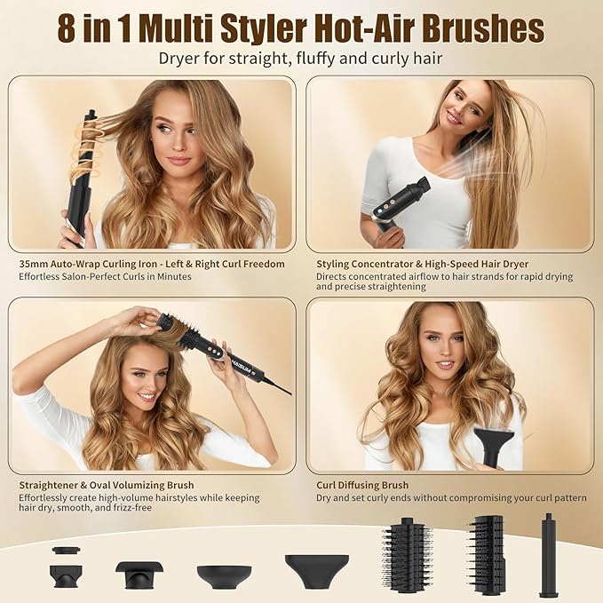8 in 1 Hot Air Styler and Hair Dryer Brush, 110000 RPM High-Speed Blow Dryer with Negative lons for Frizz-Free Styling Fast Drying Curling Straightening Volumizing Without Heat Damage