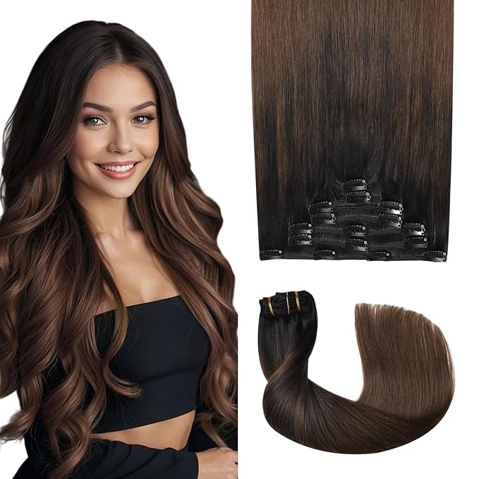 Pro2.0 Clip in Hair Extensions Real Human Hair 120g Thick 7pcs Color #1BT4 Natural Black Fading to Middle Brown Remy Real Human Hair Extensions Clip ins 14inch Double Weft（#1BT4-14inch）