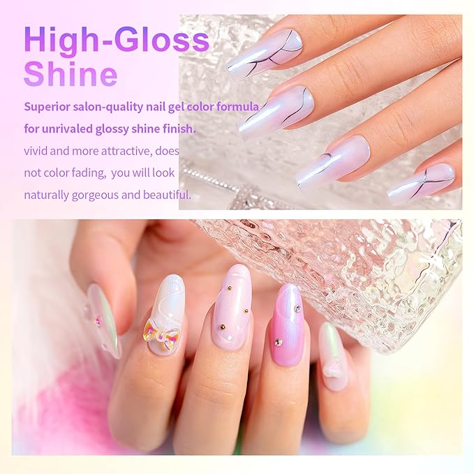 RARJSM Pearl White Gel Nail Polish Set Iridescent Mermaid Shell Glitter Gel Polish 6 Light Colors Purple Blue Pink Red Gold Shimmer Multichrome Swirl Thread Effect Soak Off Curing Requires