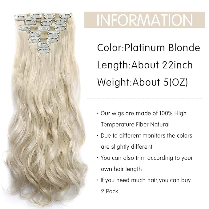 Clip In Hair Extensions Long Wavy 7 PCS Invisible Clip Thick Hairpieces Soft Full Head Synthetic Fiber for Women, 22 Inches (20Inch, 7pcs, Platinum Blonde)
