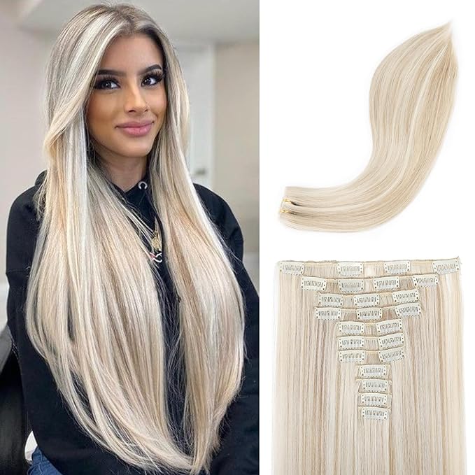 REECHO Hair Extensions, 11PCS Clip in Hair Extensions 24" Long Straight hair extensions HE005 Natural Soft Synthetic Hairpieces for Women – Ash Blonde with Highlights