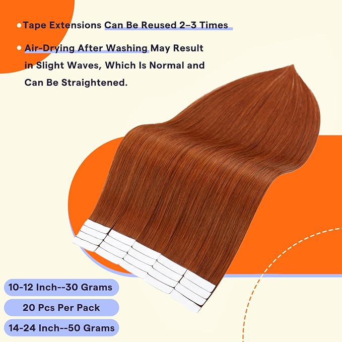 Full Shine Tape in Hair Extensions Human Hair 18 Inch Color 550 Copper Seamless Straight Remy Human Hair Extensions Tape in 50Grams Natural Soft Double Sided Extensions 20PCS for Wedding