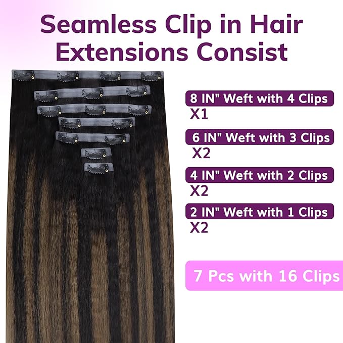 IDN BEAUTY Seamless Clip In Hair Extensions Human Hair, Kinky Straight 22 Inch 110g 7pcs, 1B/6/1B Balayage Natural Black to Chestnut Brown Remy Hair Seamless Clip Ins For Black Women PU Invisible Edge