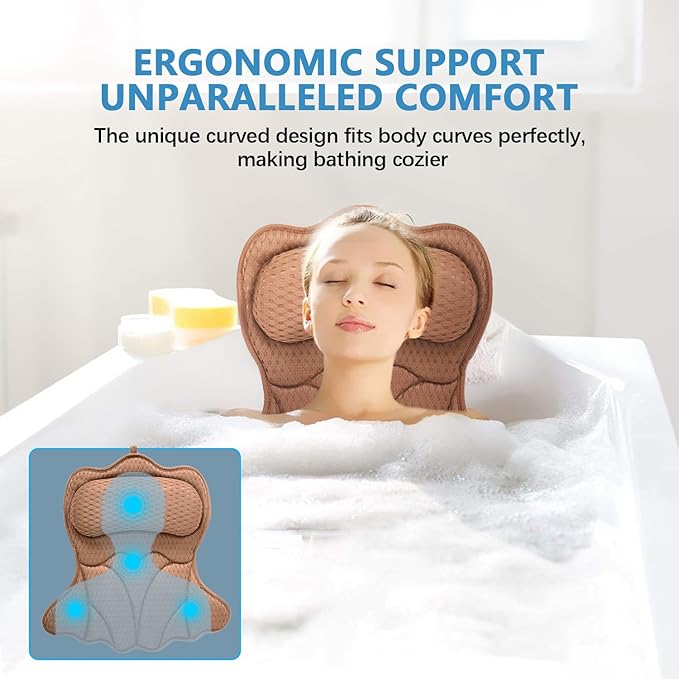 REEZEIVI Bath Pillows for Tub,Bath Pillow with 6 Non-Slip Suction Cups,Soft 4D Mesh Fabric,Bathtub Pillows for Tub Neck and Back Support,Extra Thick Luxury Bathtub Pillows,Brown