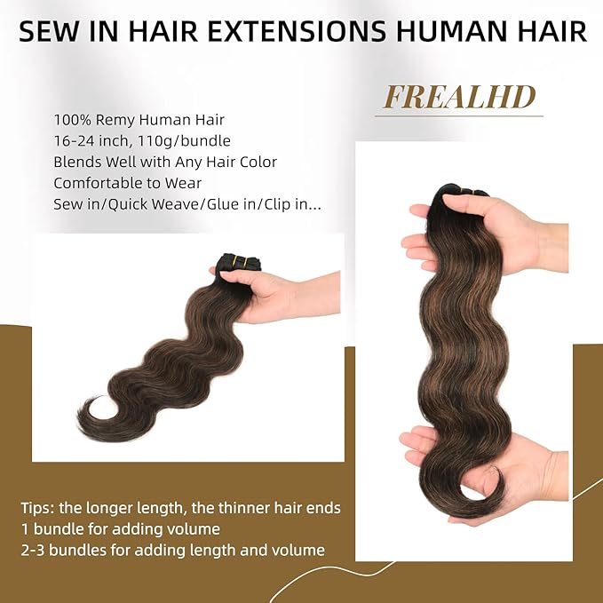 Sew in Hair Extensions Real Human Hair, 110g 18 inch Balayage Natural Black to Chestnut Brown Body Wave Bundles Remy Human Hair Weave Extensions Double Weft