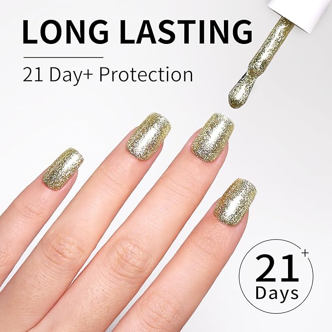 Gold Gel Polish Glitter Yellow Gold Hema Free 0.34 OZ Same Color Same Top Cover Reflective Sparkle UV Polish Manicure Art DIY