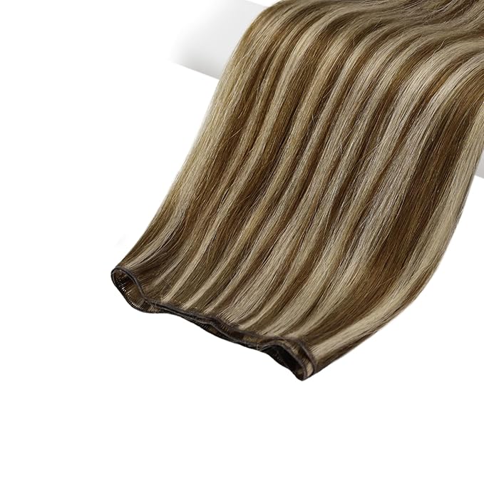 Fshine Hand Tied Human Hair Genius Weft Highlight Genius Weft Color Ash Blonde and Golden Blonde Sew in Remy Human Weave Natural 24 Inch 60g