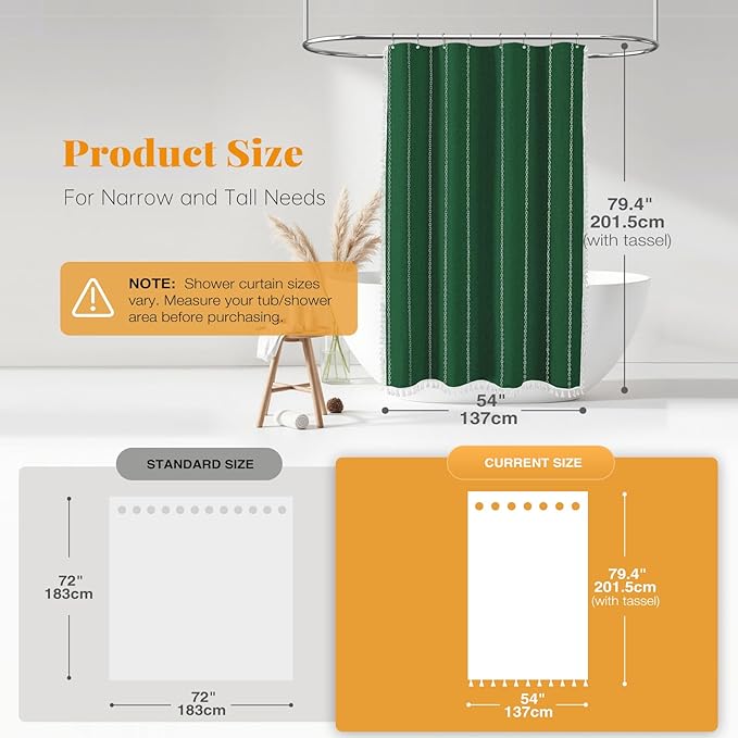 BTTN Stall Fabric Shower Curtain - 54x78 Boho Striped Linen Heavy Duty Tassel Shower Curtain Set with 10 Hook, Narrow Rustic Modern Farmhouse Bohemian Cloth Shower Curtain for Bathroom - Emerald Green