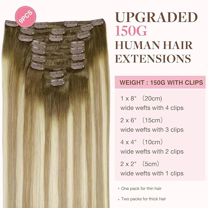 GOO GOO Clip in Hair Extensions Real Human Hair, Remy Human Hair Extensions Clip ins for Women, Natural Human Hair, 14inch 150g 9Pcs, 5A/90/16F Bahamian Balayage