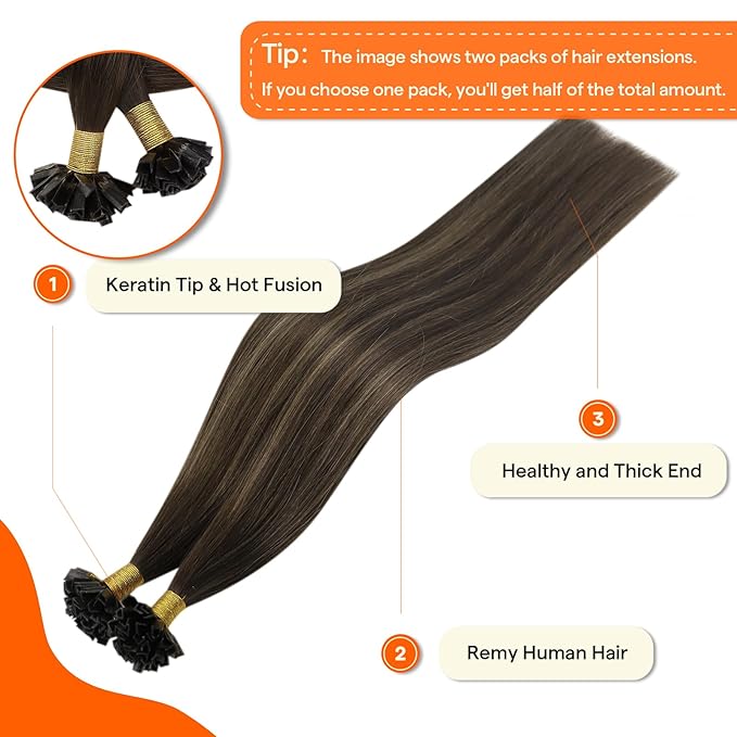 Full Shine K Tip Hair Extensions Real Human Hair 24 Inch 50 Grams Dark Brown Fading to Ash Brown and Brown Ktip Human Hair Extensions Fusion Extensions Remy Human Hair