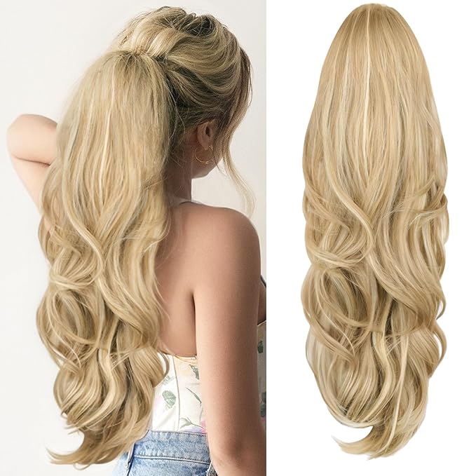 Blonde Ponytail Extension, Drawstring Ponytail Extension for Women 26 Inch Long Wavy Highlights Pony Tails Hair Extensions Synthetic Clip in Ponytail Hairpiece for Women(H24/88)