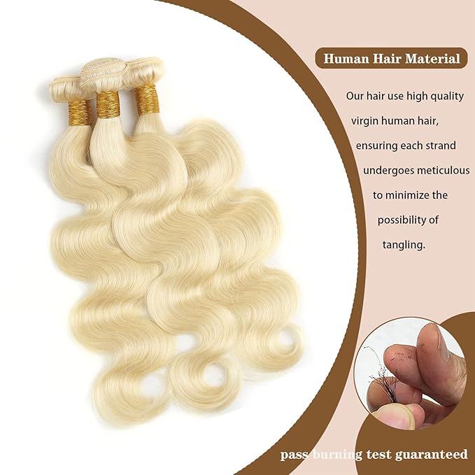 613 Bundles Human Hair 14 14 14 Inch Blonde Body Wave, 100% Real Human Hair Sew in Quick Weave Bundles Human Hair Extensions Double Weft, No Synthetic Blend, Dyeable