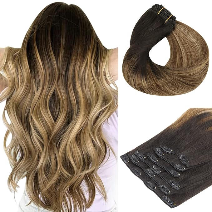 HOTBANANA Human Hair Clip in Hair Extensions, Dark Brown to Chestnut Brown and Dirty Blonde Highlighted 120g Clip in Hair Extensions Real Human Hair Straight Remy Hair 20 Inch 7pcs
