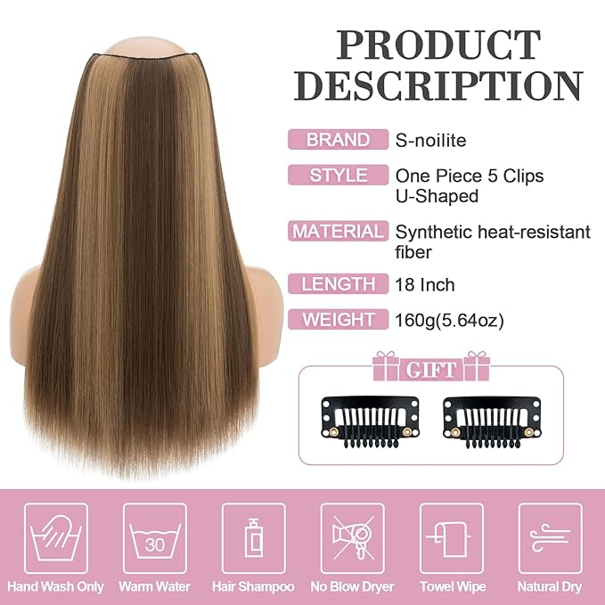 S-noilite One Piece Clip in Hair Extensions Balayage 18 Inch U-Shaped One Piece Weft Hair Extensions with 5 Clips Synthetic 3/4 Full Head Long Straight Clip in Hairpieces for Women,#10P26/27A