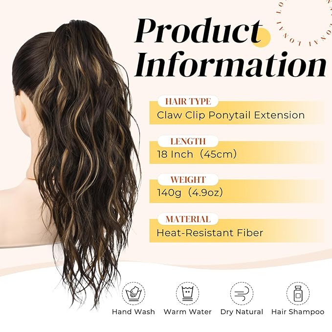 LONAI Ponytail Extension, 18" Wavy Claw Clip Ponytail Extensions Shoulder Length Curly Wavy Claw Clip in Ponytail Hair Extensions Synthetic Fake Ponytail Hairpieces - Deep Brown with Blonde Highlights