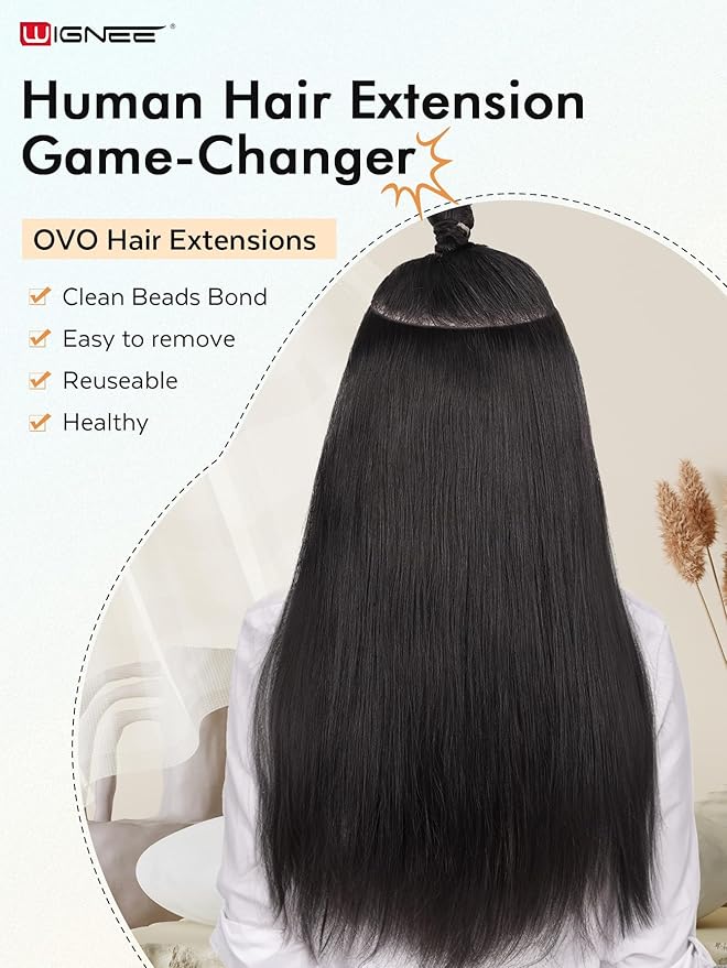 WIGNEE New Double Layered PU OVO Hair Extensions Natural Black Straight Human Hair weft with beads 100% Real Human Hair Extensions 20 Inch Seamless Micro Beads Human Hair Extensions Glueless (1B)